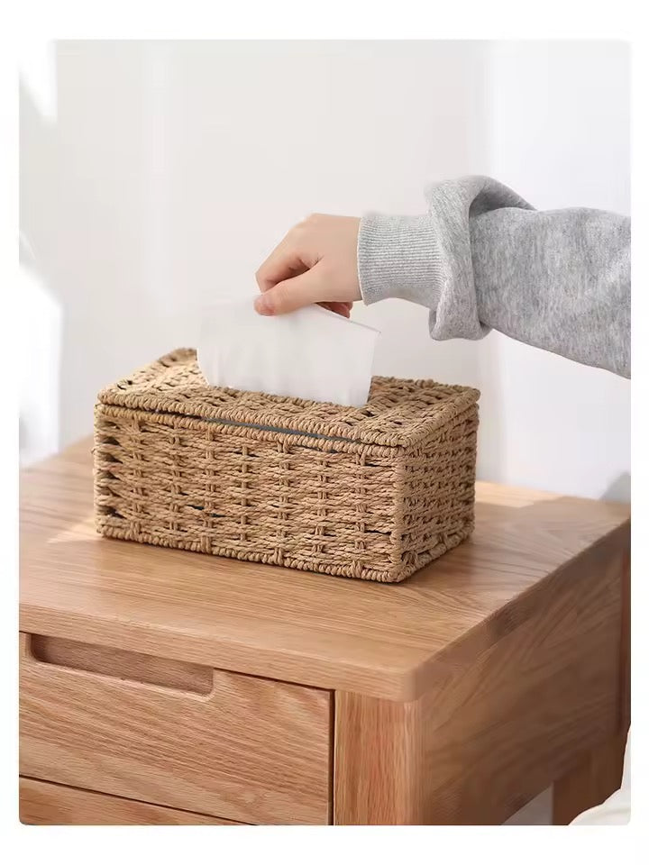New Woven Tissue Box Imitation Rattan Woven Grass Tissue Storage Box Luxury Tissue Paper Holder Home Living RoomTable Decoration