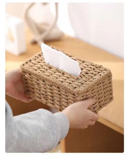 New Woven Tissue Box Imitation Rattan Woven Grass Tissue Storage Box Luxury Tissue Paper Holder Home Living RoomTable Decoration