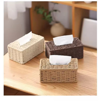 New Woven Tissue Box Imitation Rattan Woven Grass Tissue Storage Box Luxury Tissue Paper Holder Home Living RoomTable Decoration