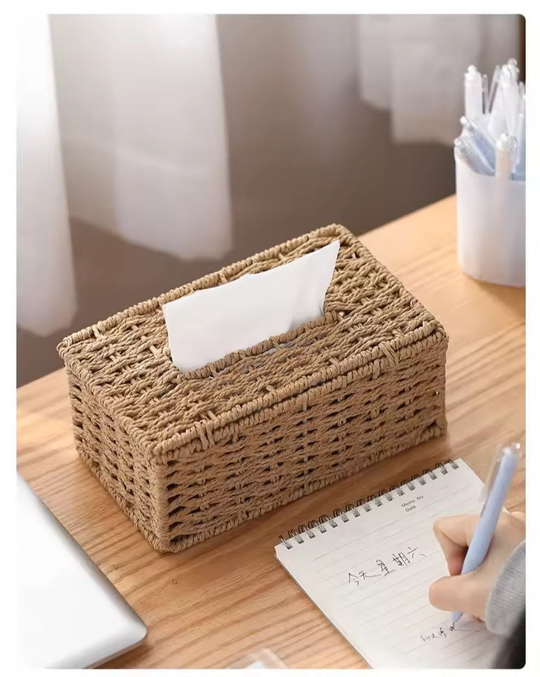 New Woven Tissue Box Imitation Rattan Woven Grass Tissue Storage Box Luxury Tissue Paper Holder Home Living RoomTable Decoration