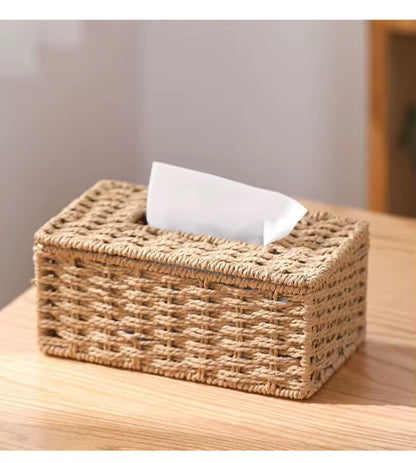 New Woven Tissue Box Imitation Rattan Woven Grass Tissue Storage Box Luxury Tissue Paper Holder Home Living RoomTable Decoration